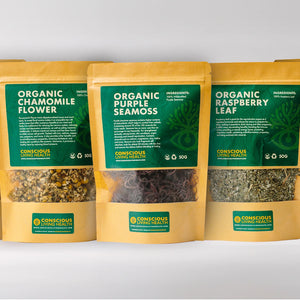 Group Conscious Living Health Chaney Root, Chamomile Flower, Purple Sea-Moss, Raspberry Leaf, Wildcrafted Seamoss